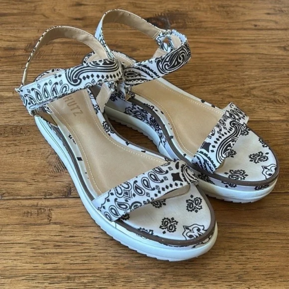 SCHUTZ Black and White Paisley Platform Sandals - Picture 2 of 12